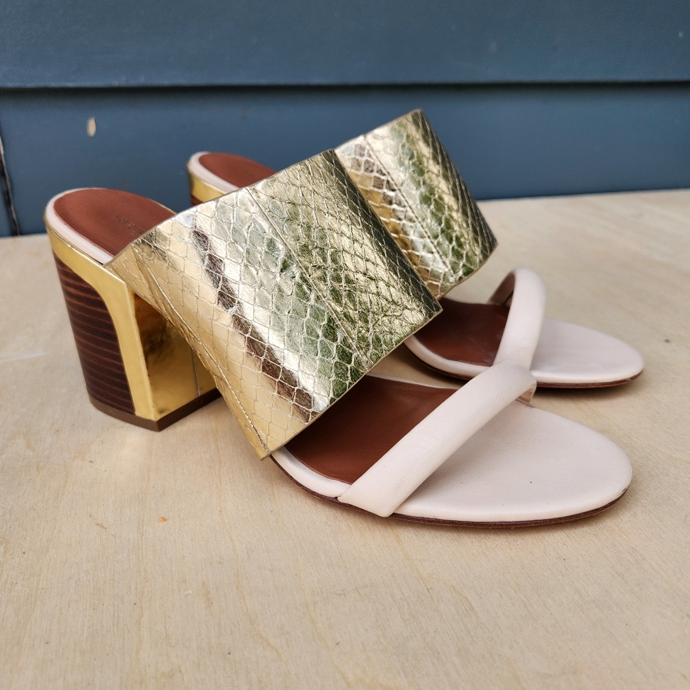 Rebecca Minkoff Women’s Gold Pattern Chunky Heel Sandals - Size 9M